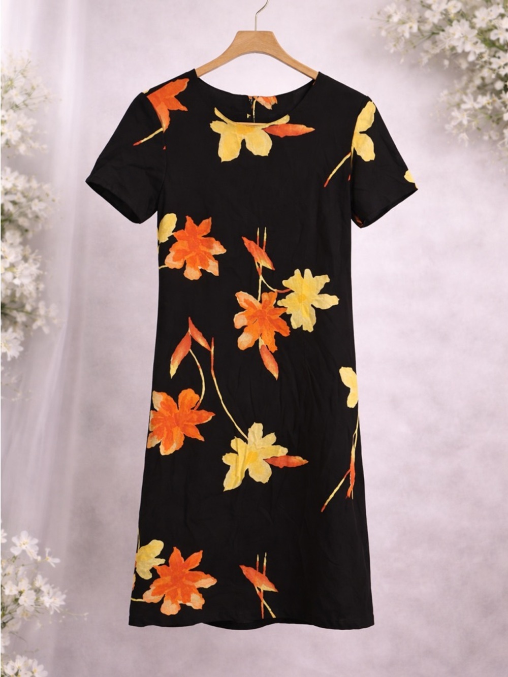 Black Floral Short Sleeve Shift Dress Orange Yellow Flower Print Size 6